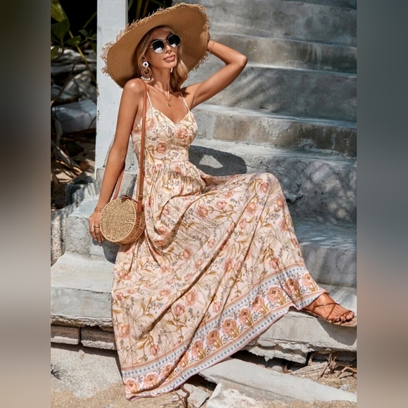 New Boho Floral Maxi Cami Dress Sundress Pink Cream Beige - Picture 2 of 7